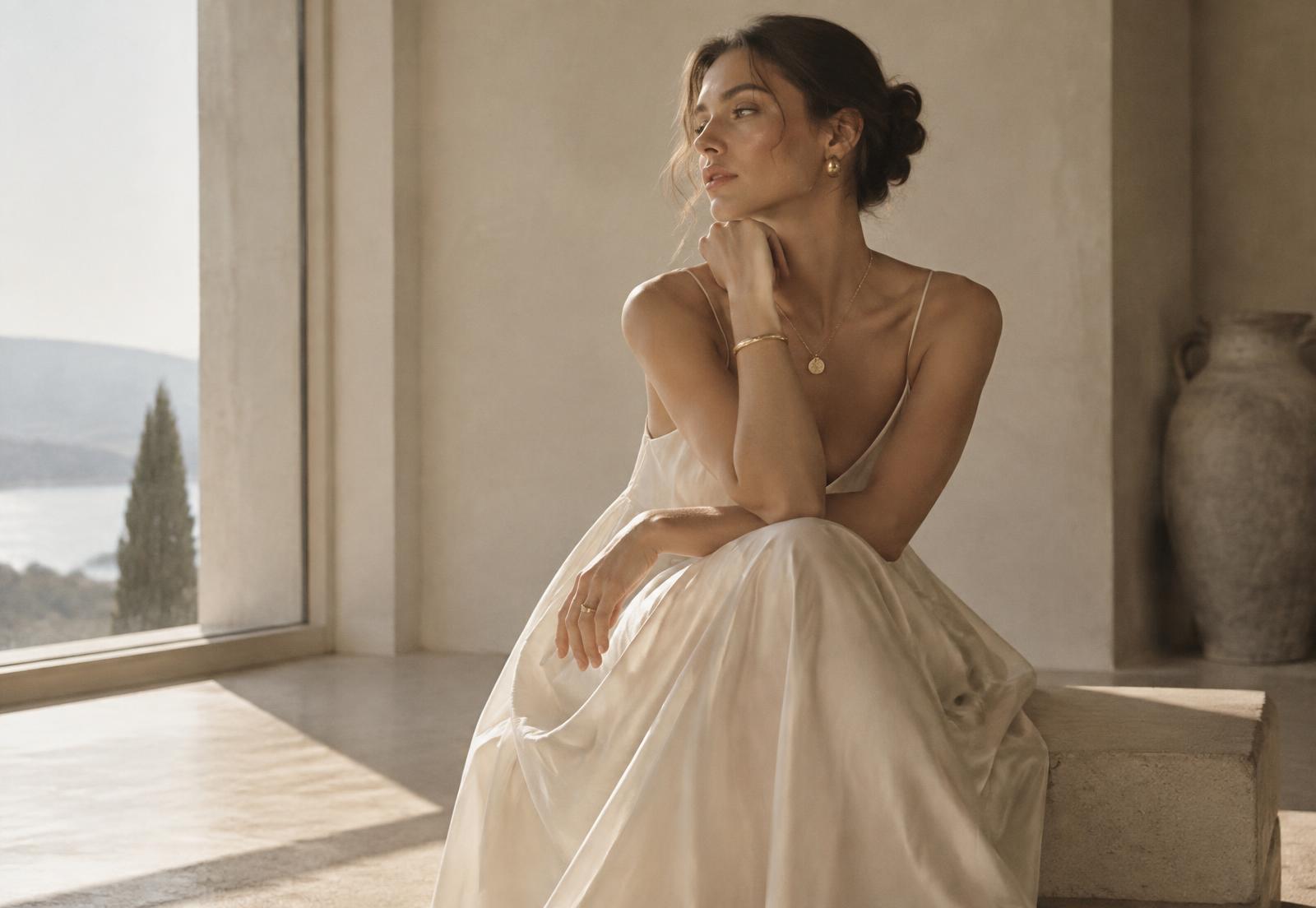 A woman in an ivory silk dress with fine gold jewellery in soft daylight